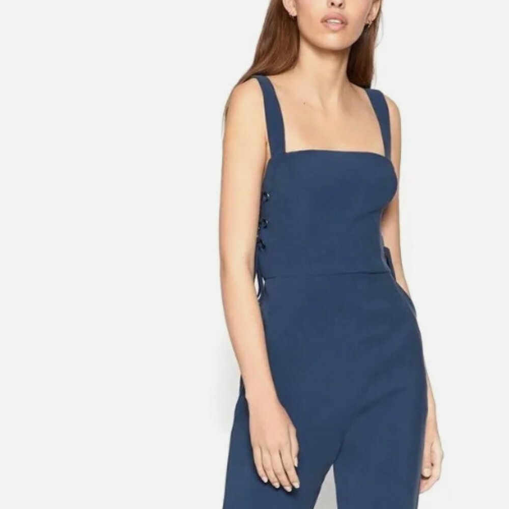 New BCBGeneration Jumpsuit Womens Size 0 Capri Lace Up Tie Sides Insignia Blue